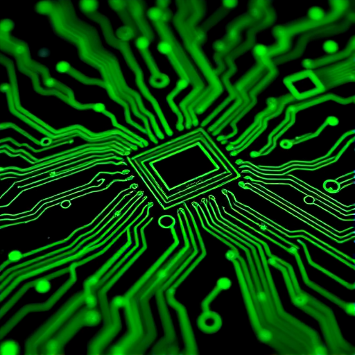 create a vibrant and intricate circuit board design with glowing green lines on a black background, using a DSLR camera with a 50mm lens, f/1.8 aperture, ISO 100, 1/60 shutter speed, macro view, and high dynamic range style to enhance image quality