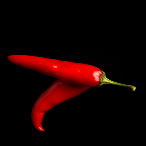 photograph a vibrant red chili pepper on a black background, use a Canon EOS R5 camera with a 50mm f/1.2 lens, aperture set to f/2.8, ISO 100, shutter speed 1/200 sec, natural light for enhanced detail and color depth