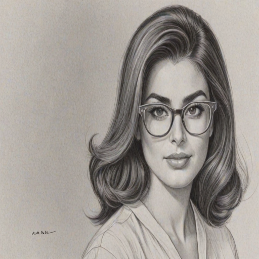 Alluring Ada Nicodemou, pencil sketch, portrait of Beauteous woman 1958s in glasses, hair style beatnik, outline, clear lines, fine lines, 8k