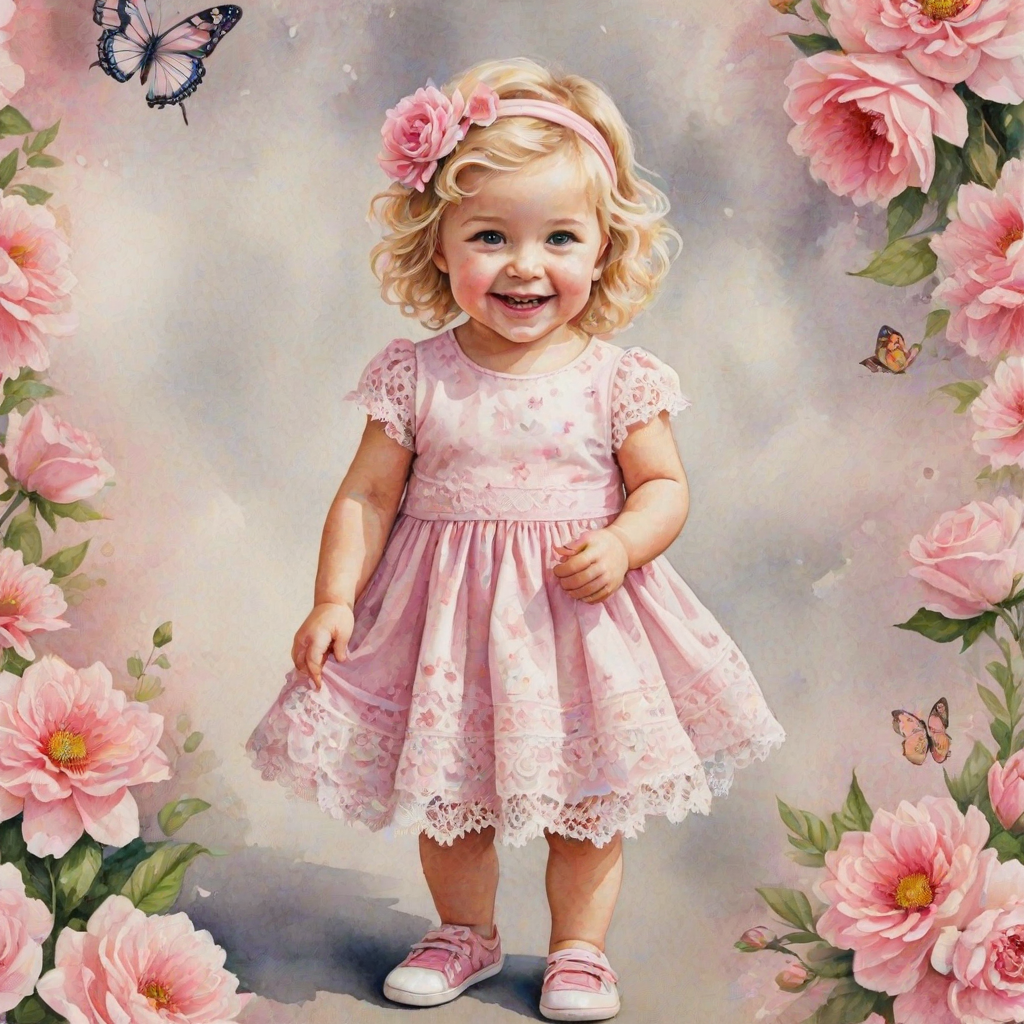 hyperrealism happy smiling toddler girl with messy wavy blonde hair with a headband, she is wearing a pink and white lace dress with pink and white shoes, she is holding a pink bouquet of flowers. Pink flowers and butterflies. summer background. Watercolor Highly detailed