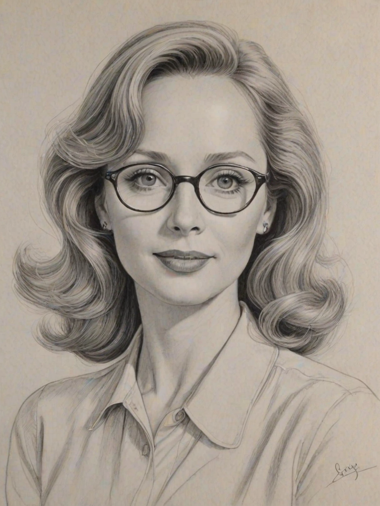 Wonderful Shelley Long, pencil sketch, portrait of Gorgeous woman 1941s in glasses, hair style beatnik, outline, clear lines, fine lines, 8k