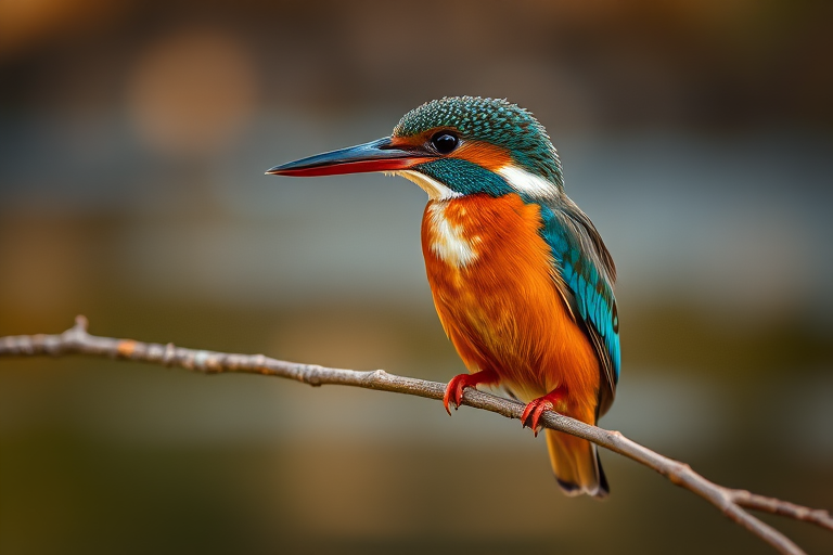 Close-up of a kingfisher perched on a branch near water with a shallow depth of field, shot with a Canon EOS 5D Mark IV, 85mm f/1.8 lens, aperture f/2.8, ISO 200, shutter speed 1/400s, natural light during golden hour.