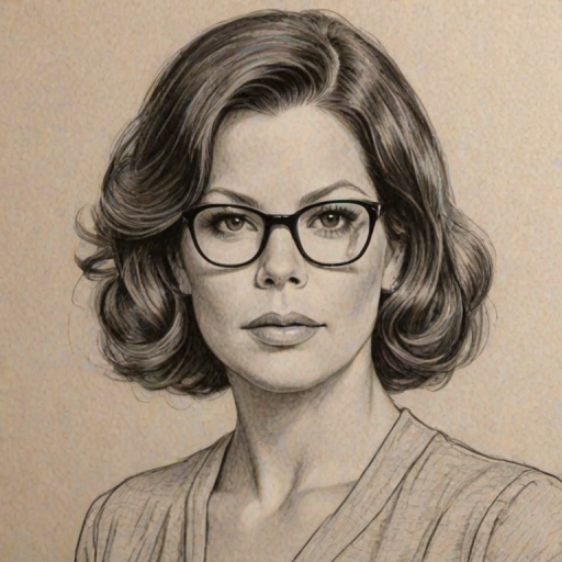 Resplendent Marcia Gay Harden, pencil sketch, portrait of Gorgeous woman 1922s in glasses, hair style beatnik, outline, clear lines, fine lines, 8k