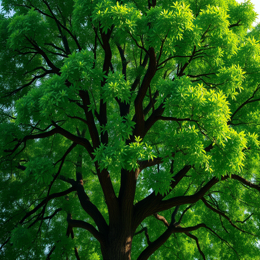 Generate a high-resolution illustration of a tree with a dense green canopy and a brown trunk, using a DSLR camera with a 50mm lens, aperture set to f/2.8, ISO 100, natural lighting, and a shallow depth of field to enhance details and colors.