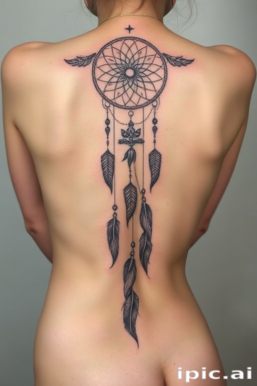 Ethereal body tattoo depicting a dreamcatcher with flowing feathers and crystals cascading down the spine, rendered in delicate white ink for a subtle and feminine appearance
