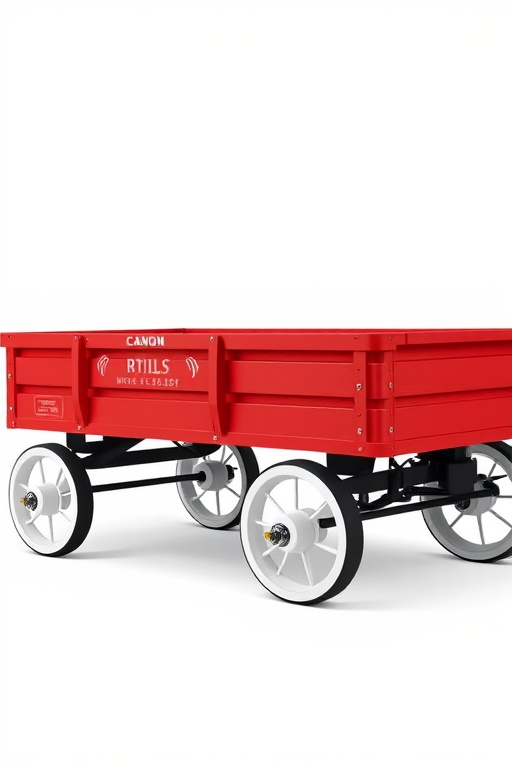 Create a high-resolution vector illustration of a red wagon with white wheels on a plain background, using a Canon EOS R5 camera with a 50mm lens, aperture set to f/2.8, ISO 100, focusing on sharp details and vibrant colors.
