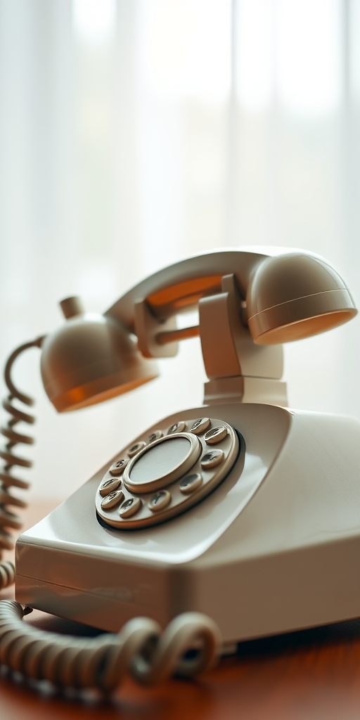 Create a high-resolution image of a classic landline telephone with a coiled cord, view from a 45-degree angle, using a DSLR camera with a 50mm lens, aperture set to f/1.8, ISO 200, and soft natural lighting for enhanced detail and contrast.
