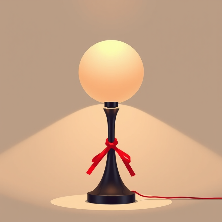 Create a minimalist digital illustration of a decorative lamp with a round, glowing top, showcasing a sleek black stand with a red ribbon knot, using a 50mm lens, f/2.8 aperture, ISO 100, and soft lighting for enhancement.