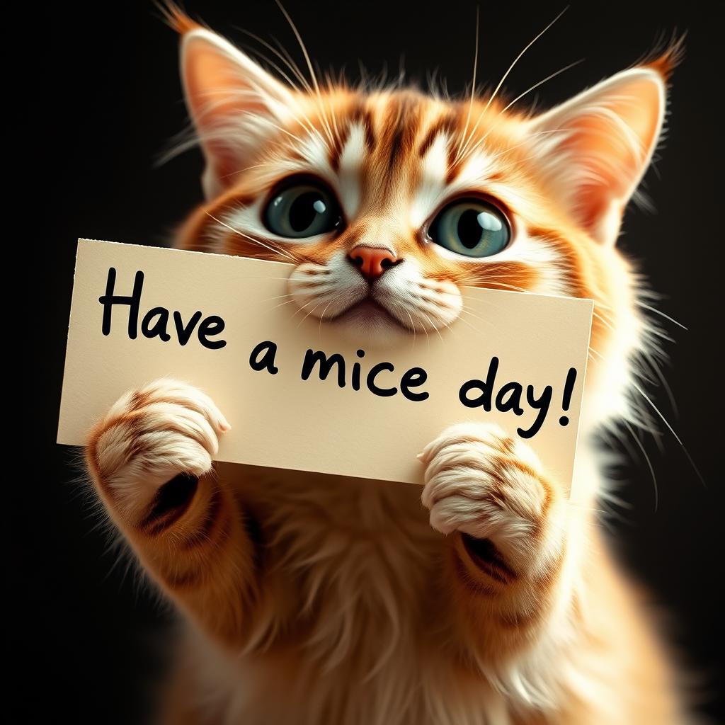 cat holding a note which says "Have a mice day!"