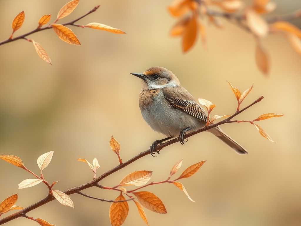 Regenerate a detailed illustration of a stylized bird perched on a branch with delicate leaves in soft earthy tones, utilize a Canon EOS R5 camera at f/8 aperture, with a 50mm lens, in natural light for enhanced clarity and texture.