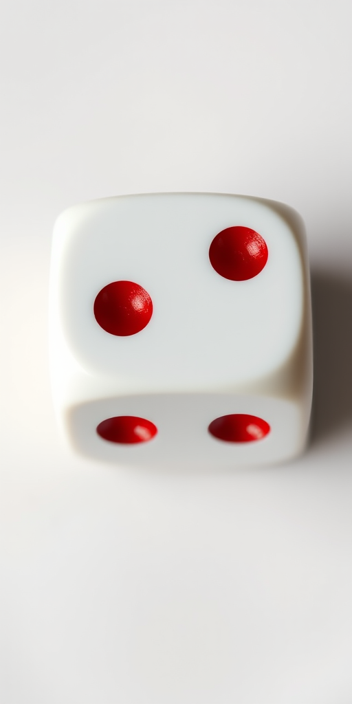 Create an image of a pristine six-sided die with two red dots on a white face, using a macro lens at f/2.8 aperture, ISO 100, 1/160s shutter speed, top-down view, with soft diffused lighting for enhanced depth and contrast.