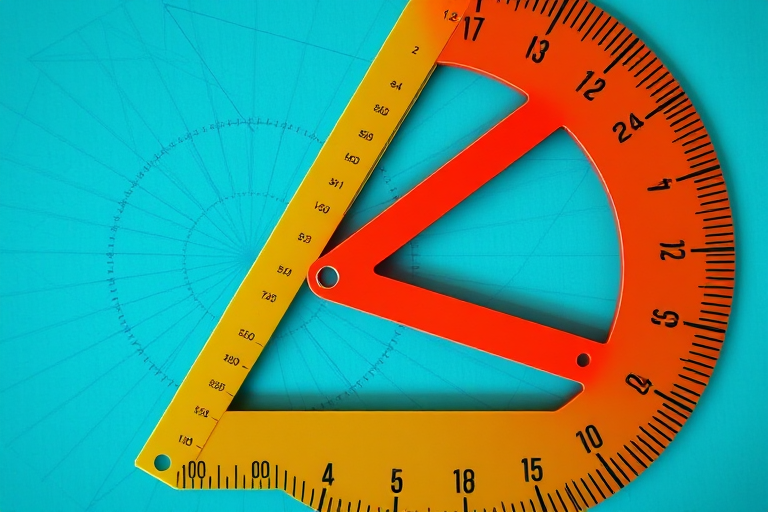 Generate a high-resolution image of a triangle protractor with clear markings and a vibrant color scheme, captured from a top-down view using a DSLR camera at f/8, ISO 100, and a shutter speed of 1/125 sec to emphasize details and sharpness.