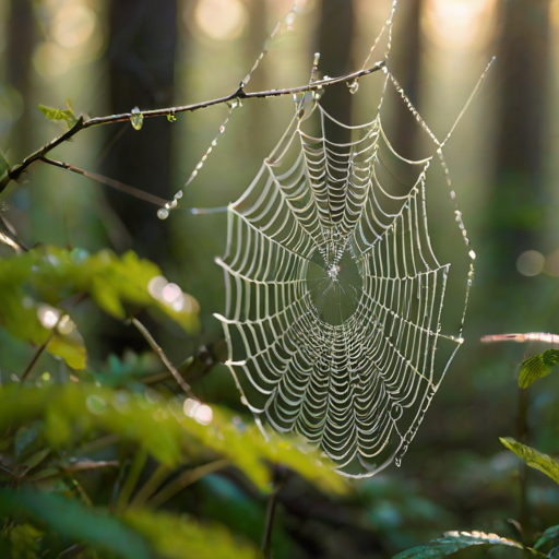 Softly focused close-up of a dew-covered spider web in a forest at dawn, soft sunlight filtering through the trees, with vibrant green foliage blending into the background and a peaceful, serene atmosphere.