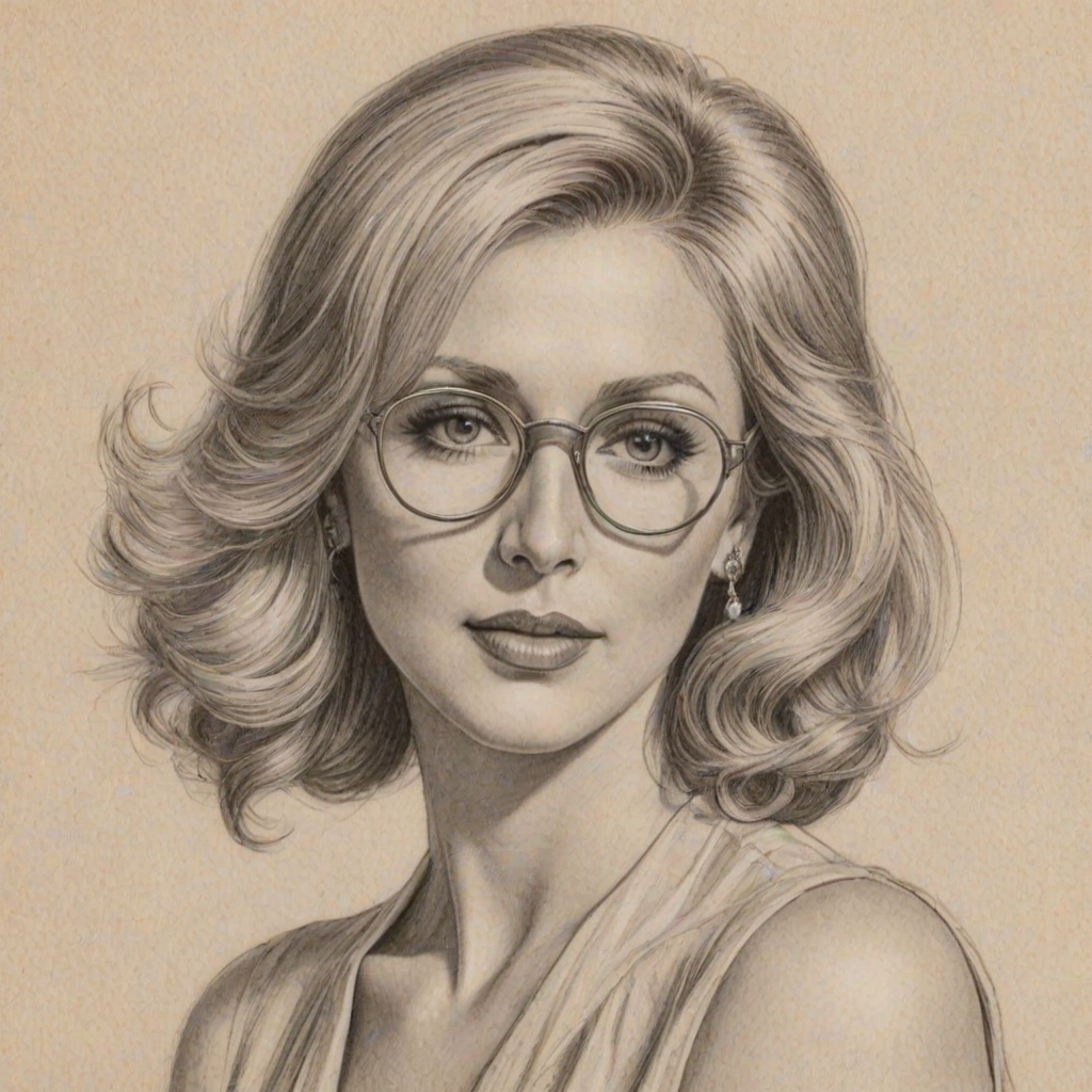 Gorgeous Morgan Fairchild, pencil sketch, portrait of Graceful woman 1928s in glasses, hair style beatnik, outline, clear lines, fine lines, 8k