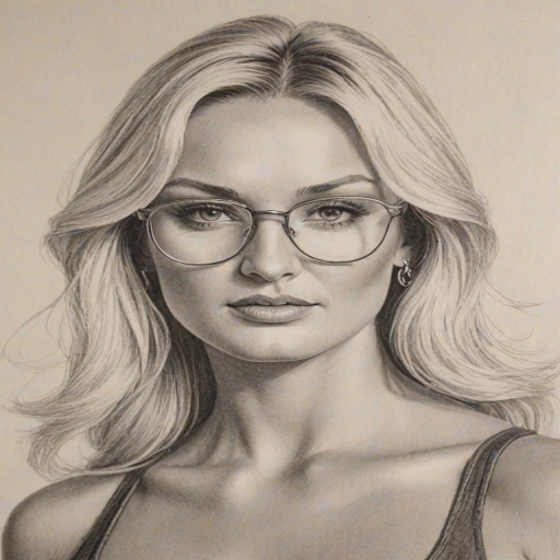 Enticing Brooke Hogan, pencil sketch, portrait of Graceful woman 1980s in glasses, hair style beatnik, outline, clear lines, fine lines, 8k