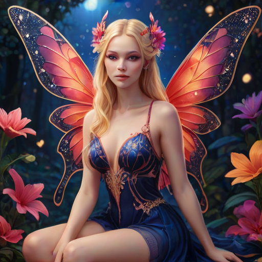 A digital artwork features a winged fairy with delicate Scarlet butterfly wings, adorned with intricate Navy andFuchsia patterns. She is seated on a vibrant Navy flower, wearing a revealing red two-piece outfit with sparkling beadwork. Her fair skin, long blonde hair, and gold jewelry add to her ethereal appearance. The background is a warm, golden gradient, creating a magical atmosphere. Small glowing orbs and sparkles surround the flower, enhancing the enchanting, highly detailed, and realistic scene.