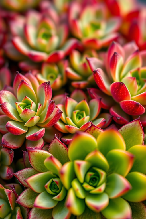 macro shot of vibrant succulent plants with various shades of green and hints of red, natural lighting, aperture f/2.8, ISO 200, shutter speed 1/100 sec, 50mm lens, DSLR camera, shallow depth of field for a soft background.