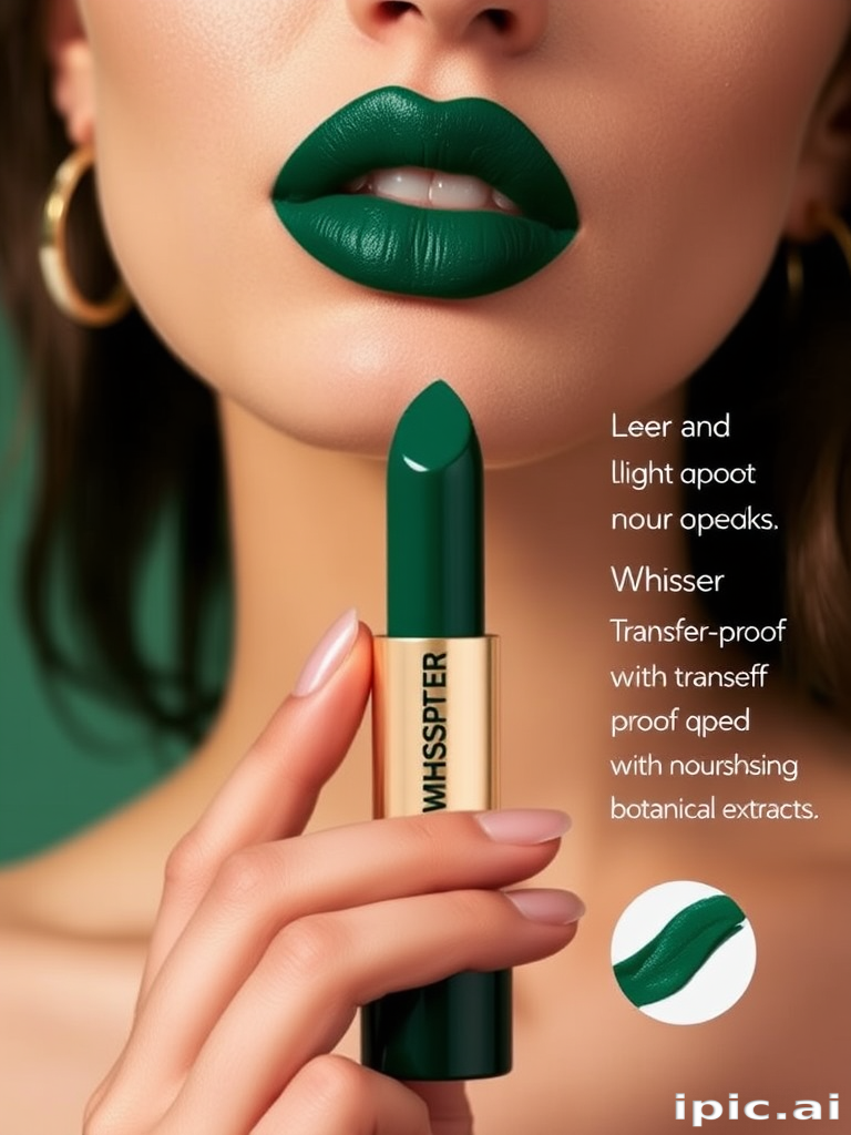 Deep emerald green "Forest Whisper" liquid lipstick with a satin finish, boasting transfer-proof qualities and enriched with nourishing botanical extracts