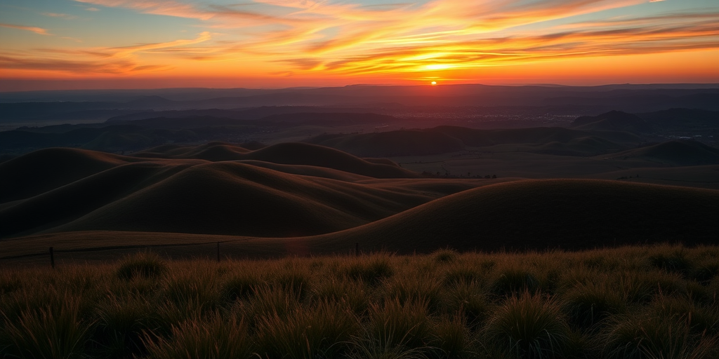 Generate a high-resolution image of a serene landscape featuring rolling hills and a vibrant sunset, with a DSLR camera at f/8 aperture, 1/250s shutter speed, ISO 100, shot from a low angle in portrait orientation, using a wide-angle lens to capture the expansive view.