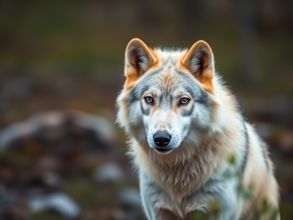 Arctic wolf in a natural setting, 50mm lens, aperture f/2.8, ISO 100, shutter speed 1/200, portrait view, DSLR camera, soft focus background, high resolution.