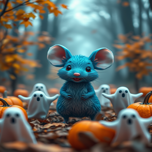 Create a whimsical Halloween scene featuring a blue mouse surrounded by friendly ghosts, set in a misty forest with autumn trees and pumpkins, captured with a DSLR camera at f/8, ISO 200, 24mm focal length, using soft focus to enhance the magical atmosphere.