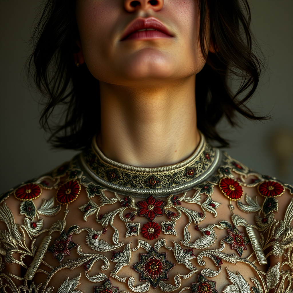 Face, shoulders, chest covered in openwork Sephardic embroidery. Raw, unedited image.