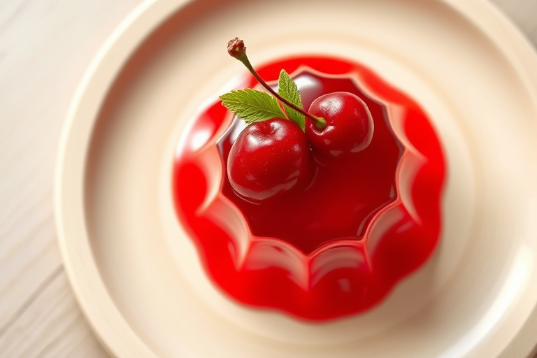 Create an image of a shiny red jelly dessert topped with two cherries and green leaves on a light wooden plate, captured from a top-down view using a DSLR camera with a 50mm lens at f/2.8, ISO 100, and a soft natural light setup to enhance color vibrancy and detail.