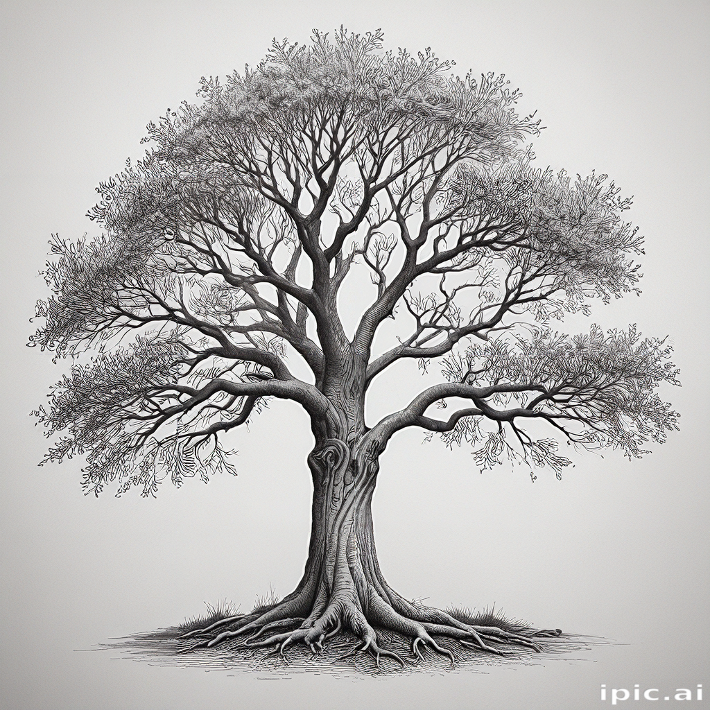 Intricate Black and White Illustration of a Majestic Tree with Detailed ...
