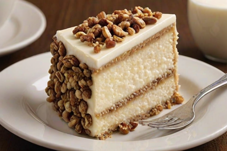 Generate an image of a slice of cake that has a moist, spiced outer layer and a creamy, smooth cheesecake filling in the center. The cake is topped with a rich cream cheese frosting and sprinkled with chopped nuts. The setting should be a simple, elegant plate on a textured surface, highlighting the cake's texture and layers.