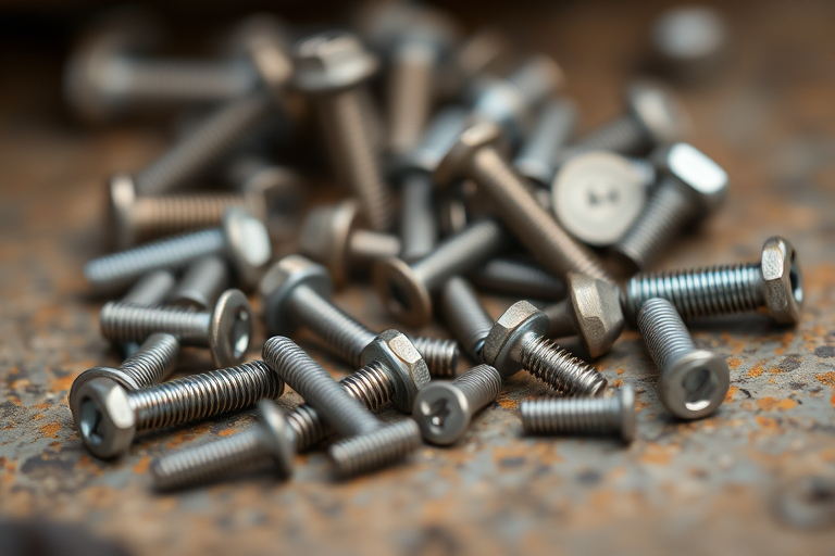 macro shot of assorted screws and bolts on a textured surface with shallow depth of field, aperture f/2.8, shutter speed 1/100 sec, ISO 100, 100mm lens, natural lighting