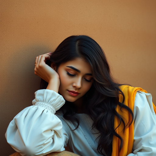Create a digital artwork of a woman resting her head on her hand, wearing a white blouse with a yellow shawl, set against a textured, warm-toned background, using a Canon EOS R5 camera with a 50mm lens at f/1.8, ISO 100, and a soft focus style to enhance the depth and richness of colors.