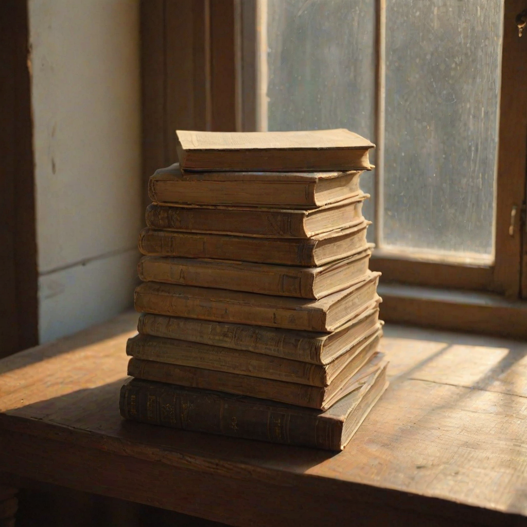 Softly lit image of a stack of old books on a wooden table, their pages yellowed with age, with soft natural light from a nearby window casting gentle shadows and creating a sense of nostalgia.