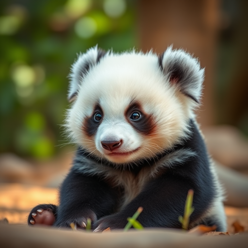 Generate a high-resolution image of a cute baby panda sitting, captured with a Canon EOS R5, 50mm f/1.2 lens, ISO 100, aperture f/2.8, natural soft lighting, and a slight bokeh effect in the background.