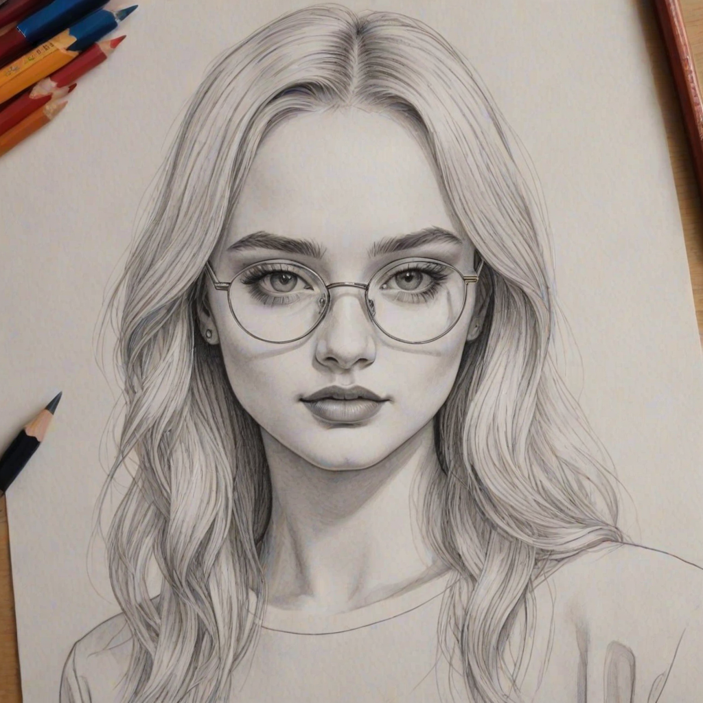Dazzling Kim Petras, pencil sketch, portrait of Sublime woman 1925s in glasses, hair style beatnik, outline, clear lines, fine lines, 8k