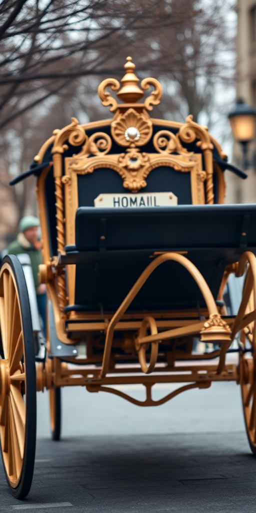 Create a high-resolution image of an ornate horse-drawn carriage, viewed from a low angle to emphasize its details, with a blurred background for depth, using a DSLR camera with a 50mm lens at f/1.8, ISO 100, and a shutter speed of 1/200 sec.
