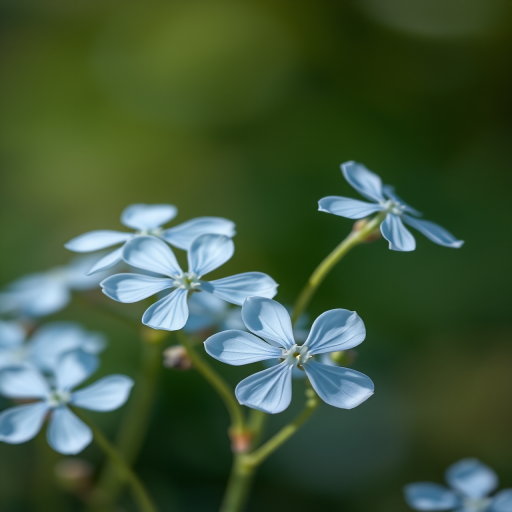 Capture a detailed close-up of delicate light blue flowers against a soft blurred background, using a Canon EOS R5 camera, 50mm f/1.2 lens, f/1.8 aperture, ISO 100, and a shutter speed of 1/200 seconds in natural light for enhanced clarity and vibrant colors.