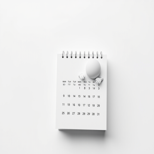 create a 3D rendered image of a minimalist character peeking from a blank calendar stand with a white background, using a Canon EOS R5 camera, 50mm lens, f/2.8 aperture, ISO 100, 1/125s shutter speed, top-down view, studio lighting for enhanced clarity