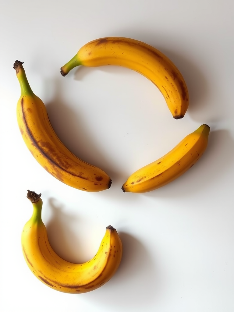 Create a high-resolution image of five ripe bananas arranged artistically on a white background, using a macro lens with an aperture of f/2.8, ISO 100, and a focal length of 50mm, capturing vibrant colors and detailed textures in natural lighting.