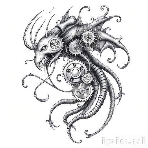 Surrealist bio-organic tattoo depicting a hybrid creature with mechanical gears and flowing tendrils, incorporating elements of steampunk and art nouveau styles in a monochromatic grayscale palette