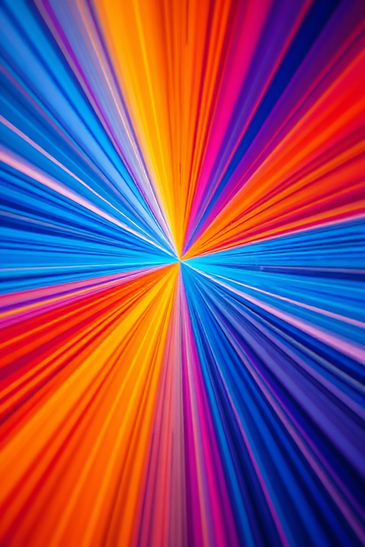 Create an abstract image of vibrant blue and orange rays emanating from a central point with a high dynamic range, 50mm f/1.8 lens, ISO 400, shutter speed 1/60 sec, captured from a straight-on view using a DSLR camera to enhance clarity and detail.