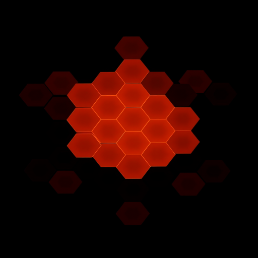 Create a high-resolution abstract image featuring a gradient of orange hexagons against a dark background, using a DSLR camera with a 50mm lens, f/1.8 aperture, 1/200s shutter speed, and ISO 100, capturing a top-down view for enhanced depth and detail.