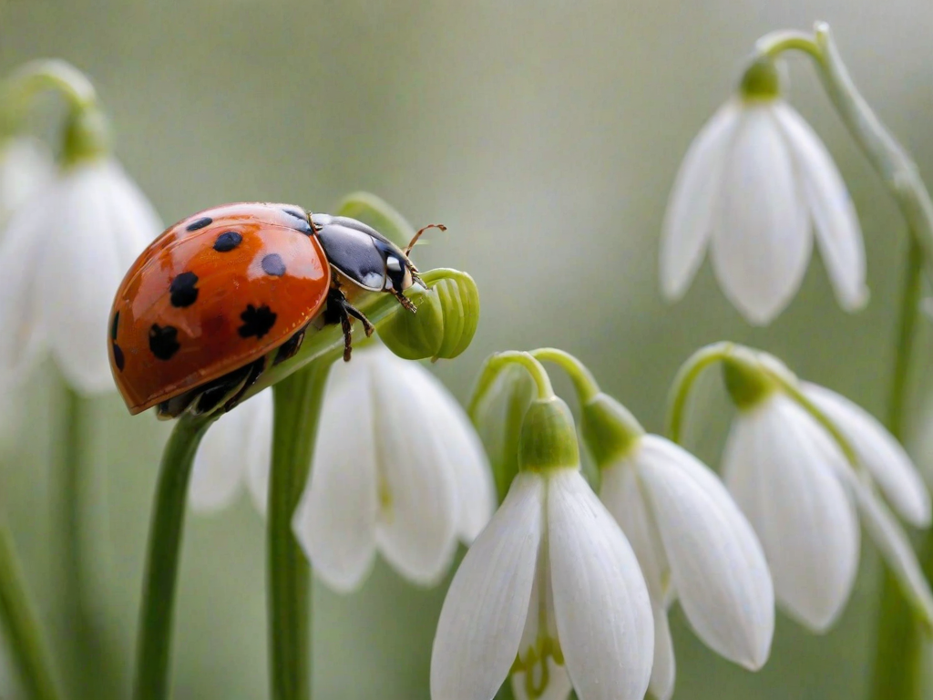 a close-up of a ladybug on a snowdrop flower with blurred background, showcasing the delicate white petals and green stem.