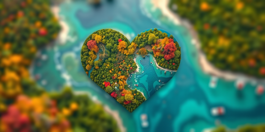 create an image of a heart-shaped world made of lush forests and oceans with vibrant colors, shot with a DSLR camera at f/8, ISO 100, 50mm lens, using a shallow depth of field for an artistic blur effect