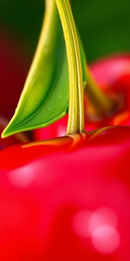 Create a vibrant close-up illustration of two glossy red cherries with a green leaf attached, using a DSLR camera with a 50mm lens, aperture set to f/2.8 for a shallow depth of field, and natural lighting to enhance color saturation and detail.