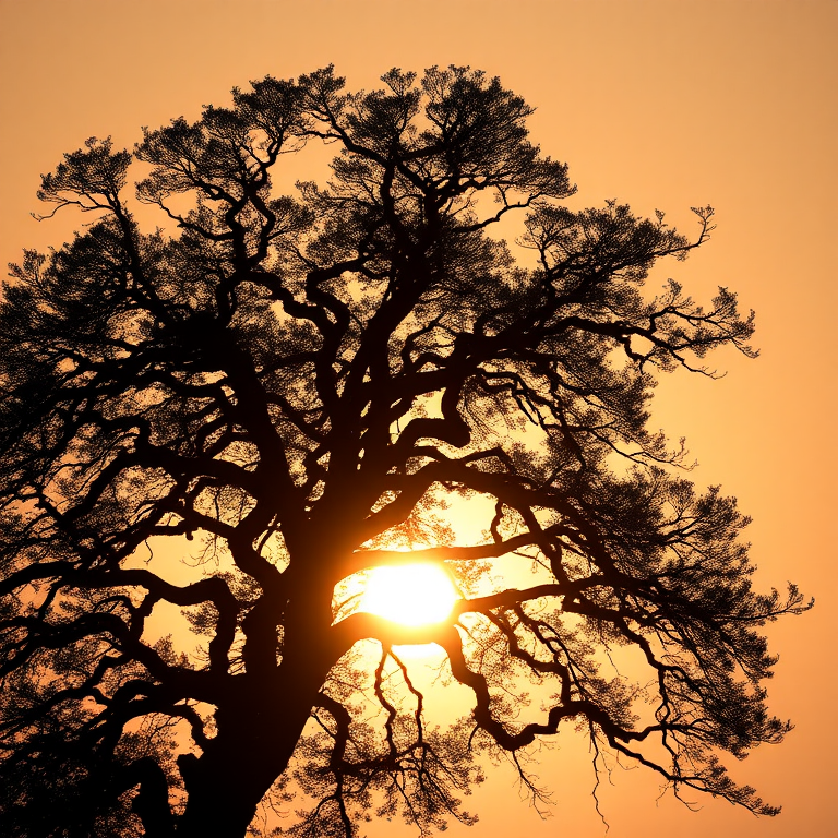 Create a high-resolution silhouette of a majestic tree against a sunset background, using a DSLR camera with a 50mm lens, aperture f/1.8, shutter speed 1/200s, and ISO 100, shot from a low angle to emphasize the tree's height and shape.