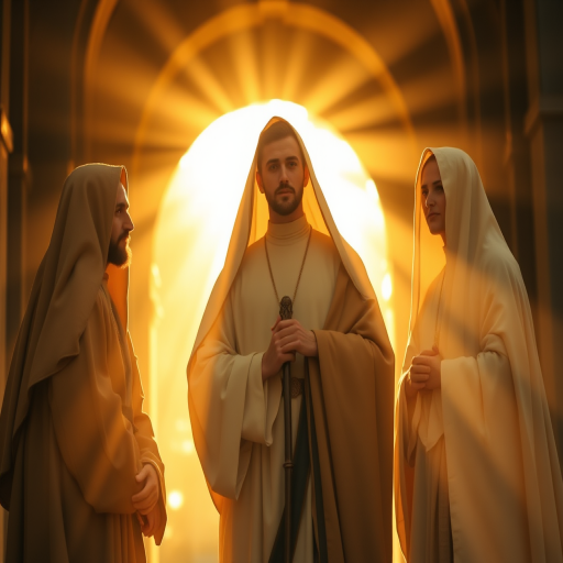 Generate an ethereal scene depicting three figures in historical religious attire, bathed in soft golden light with sun rays streaming through an archway, captured with a full-frame DSLR camera at f/1.8, 50mm lens, ISO 100, with shallow depth of field to create a dreamy background effect.