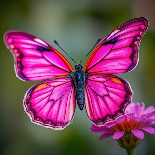 Generate a vibrant illustration of a butterfly with pink and purple colors, using a Canon EOS R5 camera with a 50mm f/1.8 lens, shot at a close-up view with a soft focus background to enhance image quality and detail.