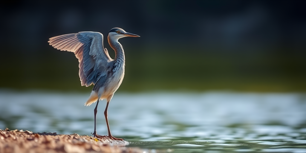 Capture a high-resolution image of a bird standing at the edge of a water body, wings slightly spread, using a DSLR camera with a 200mm lens, aperture set to f/5.6, ISO 100, shutter speed 1/800s, in natural light, focusing on the bird with a blurred background to enhance depth.