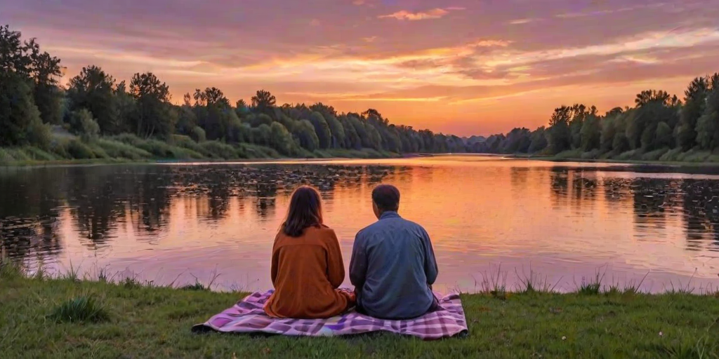 Scenic riverbank at sunset, a couple sitting on a blanket, sharing a picnic, with the sky painted in shades of orange and purple, reflecting on the water.