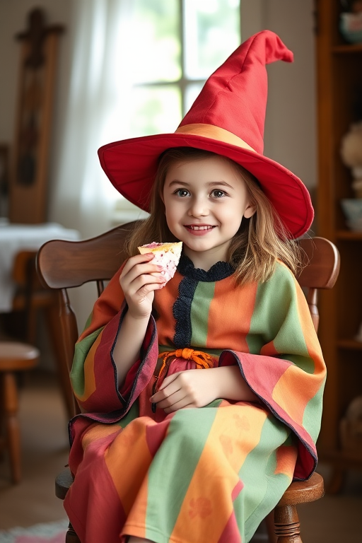 A young witch in a colorful robe and a pointed hat sitting on a wooden chair, enjoying a slice of cake, bright and cheerful colors, high resolution, 50mm lens, f/1.8 aperture, soft focus background, well-lit natural light.